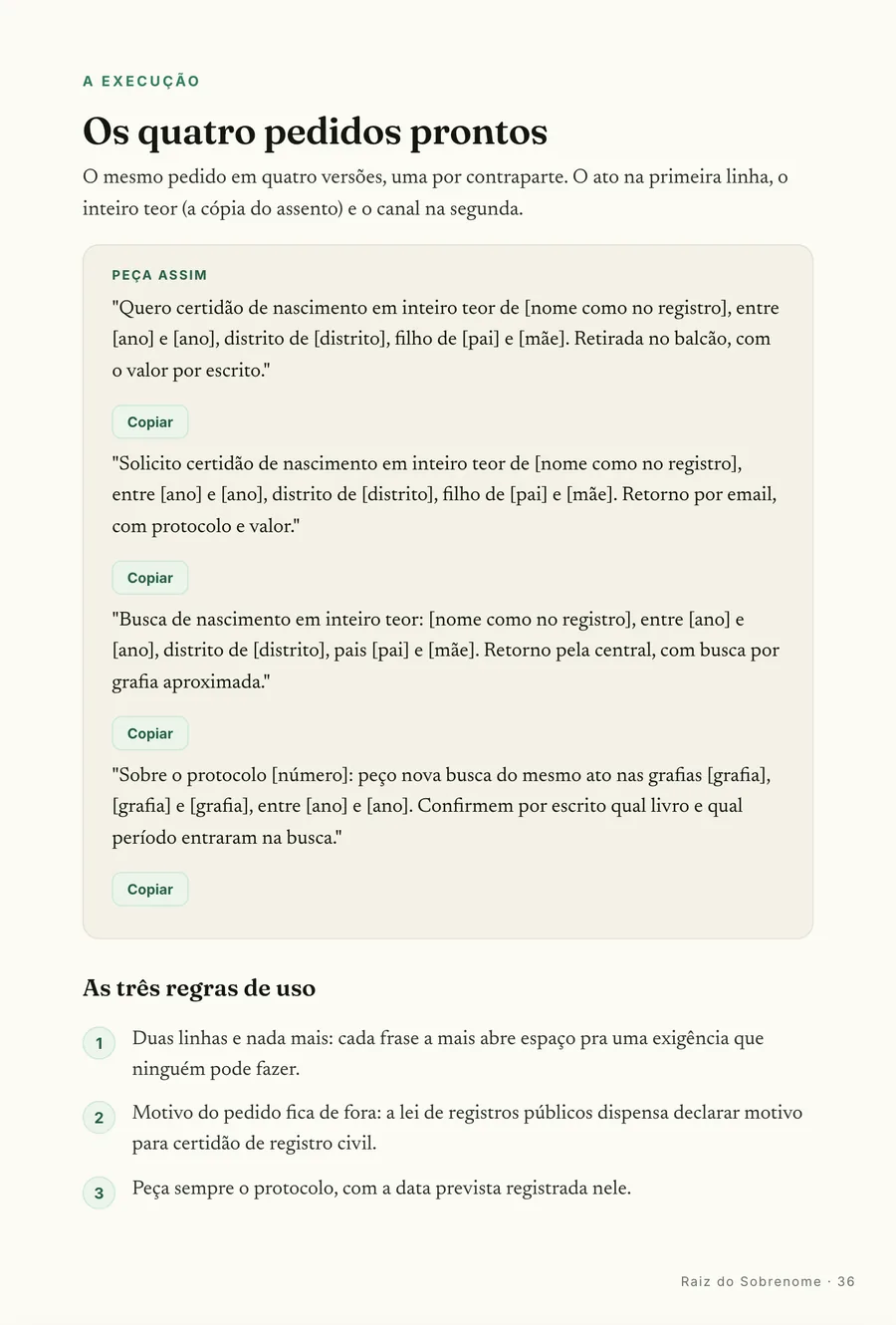 Pedidos prontos: Os quatro pedidos prontos, com as regras de uso ao lado de cada um